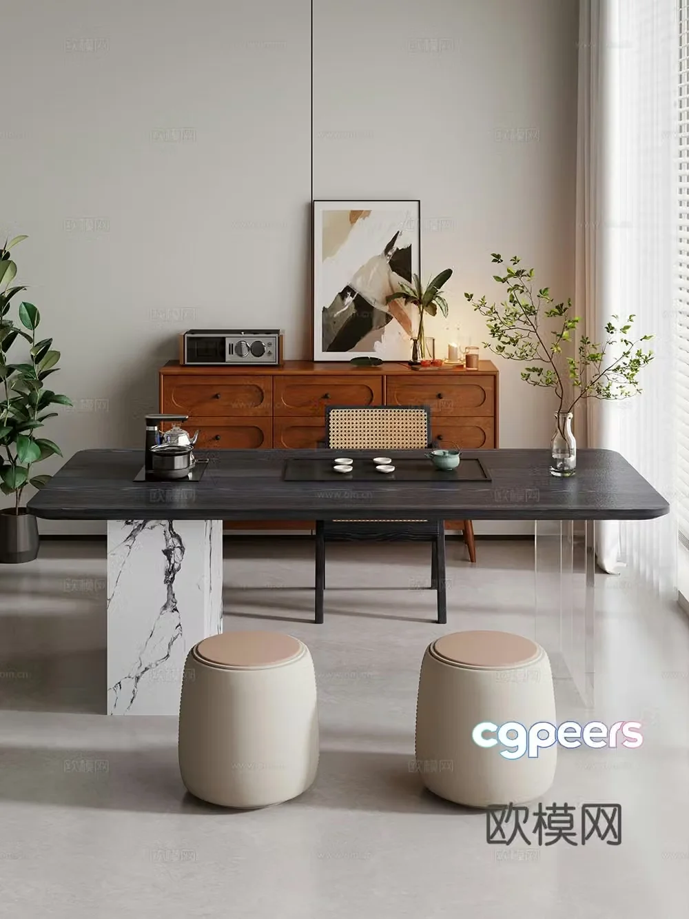 Creamy large plate table tea table and chair combination tea table tea table tea room tea table balcony tea table 3D model