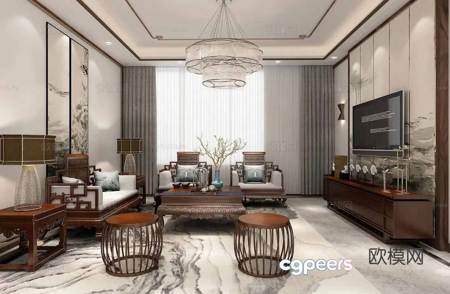 Traditional Chinese living and dining room sofa coffee table painting TV cabinet chandeliers dining table chairs 3D model