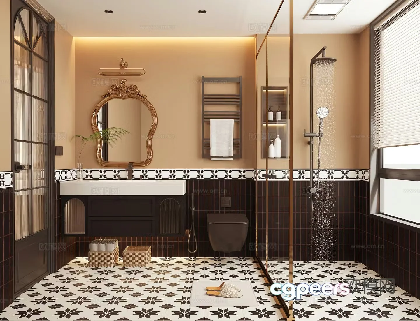 French retro bathroom shower toilet bathroom cabinet 3d model