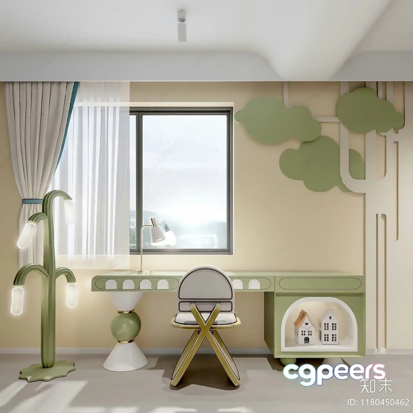 A Modern Minimalist Green And White Desk And Chair 3D Model – 14353 – VRAY Render