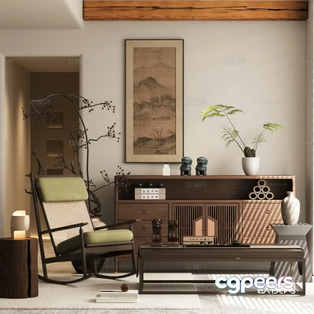 New Chinese style chest of drawers New Chinese style chest of drawers Rocking chair Solid wood coffee table Green plant potted 3D model