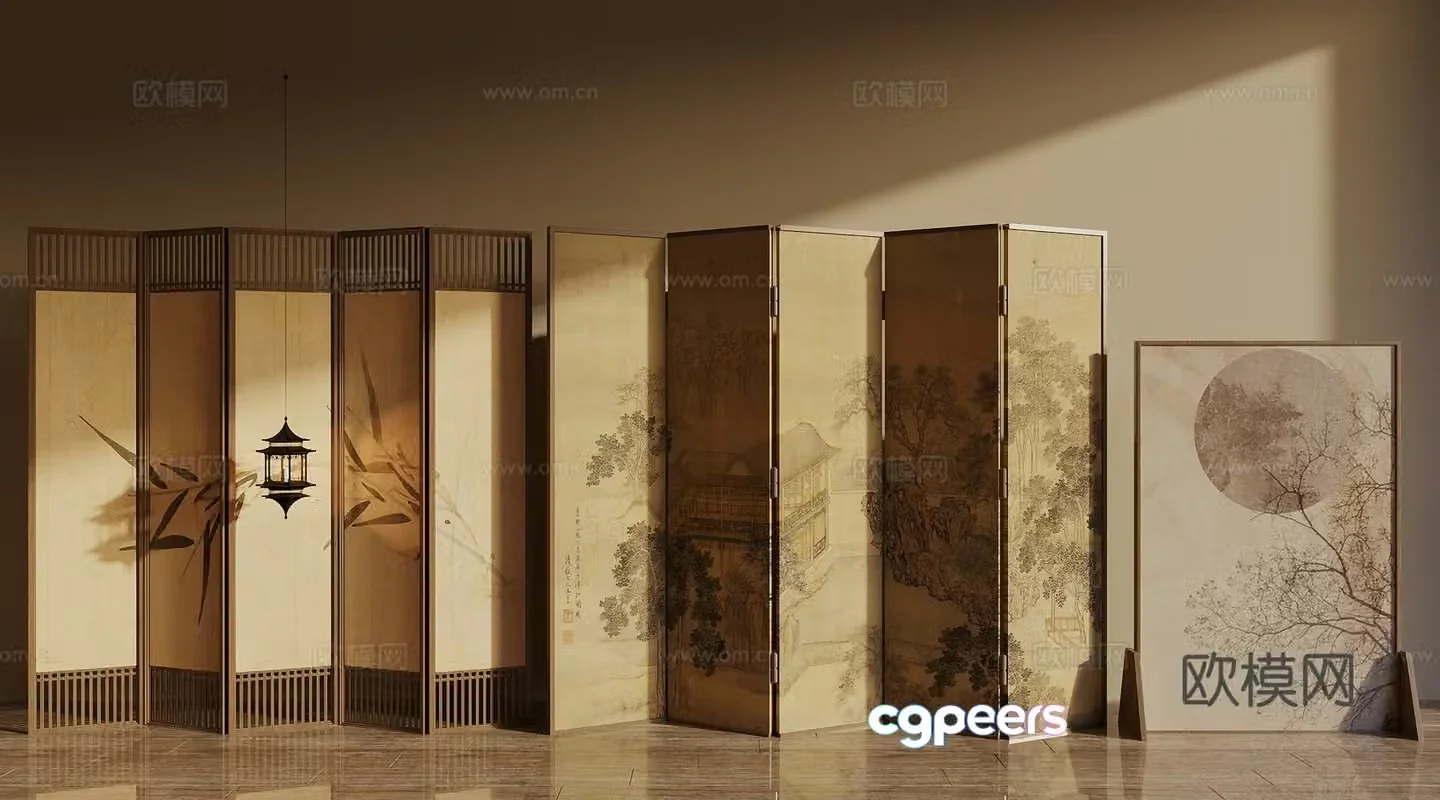 Song style new stroke screen screen partition wooden screen brushed glass 3d model