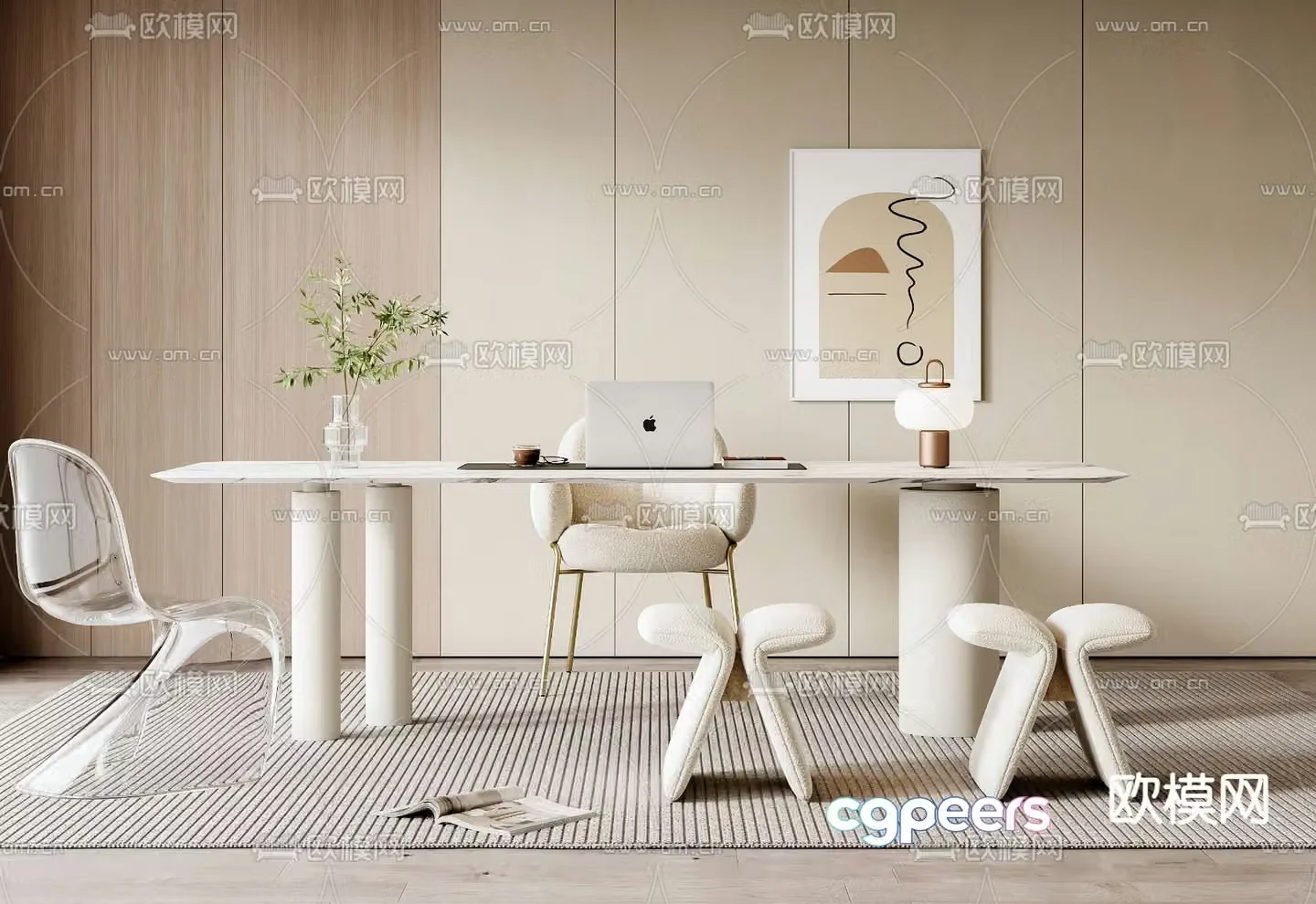 Cream style desk writing desk computer desk 3d model