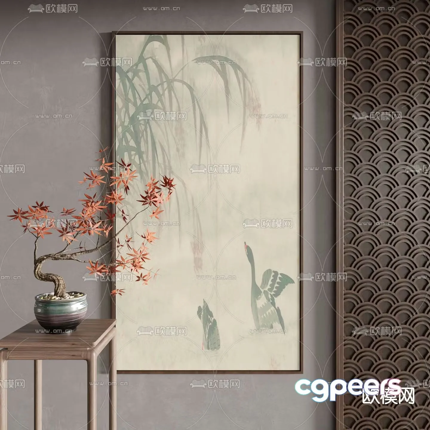 New Chinese style ink painting Mandarin duck painting Decorative painting 3D model