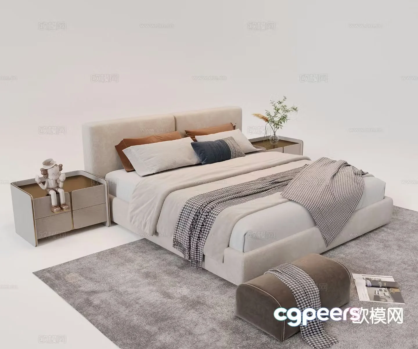 Modern double bed soft bedside bedside table 3d model