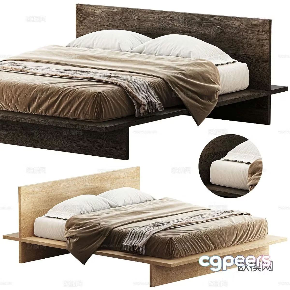 Wasabi wind double bed B&B double bed Wooden frame bedding solid wood headboard Wooden bed 3D model