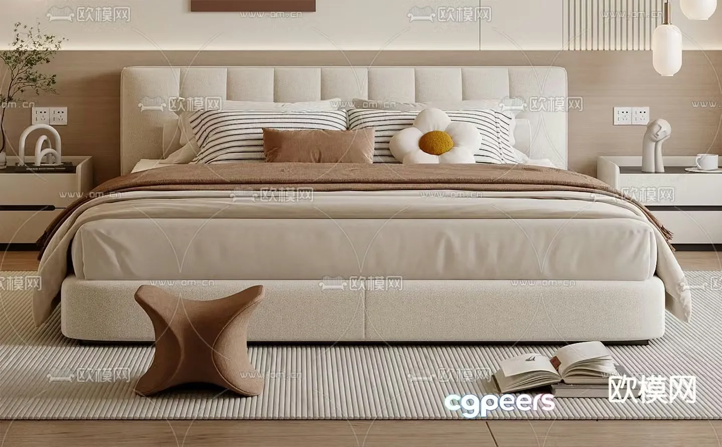 Cream style double bed 3d model