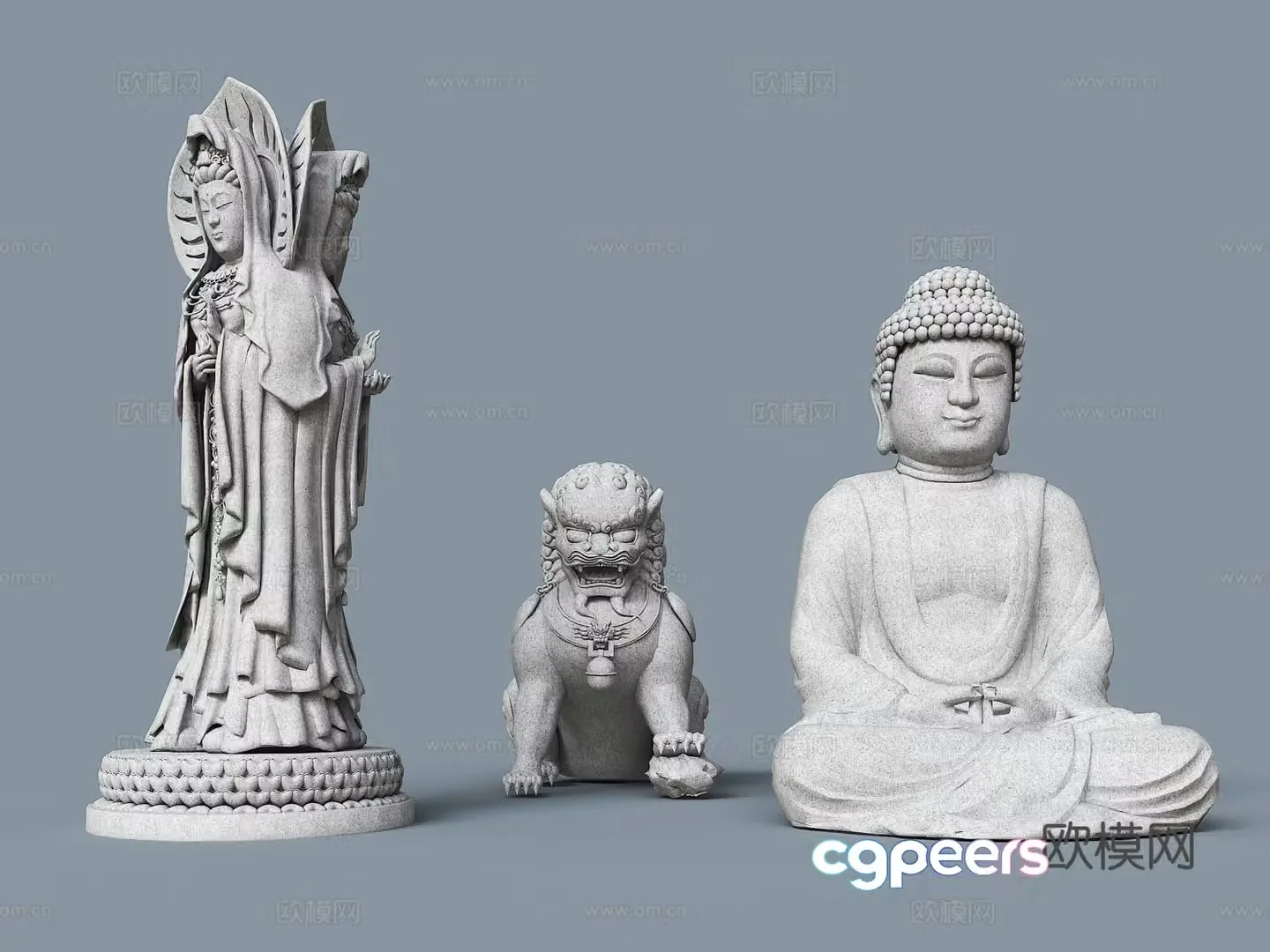 Modern sculpture Three-sided Guanyin sculpture Tathagata Buddha sculpture Lion sculpture Square sculpture Main 3D model