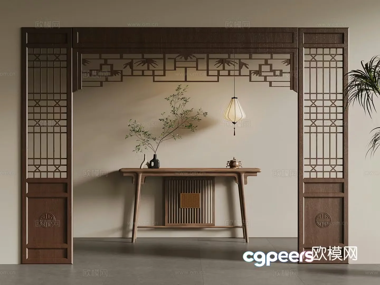 09 New Chinese style end viewing platform chandelier door cover 3D model