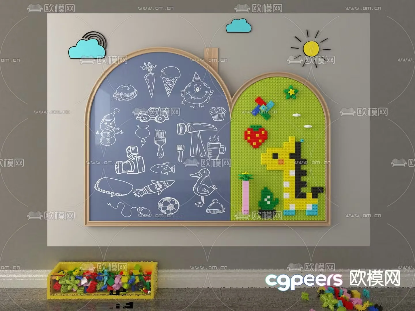 Modern building blocks toys blackboard wall 3d model