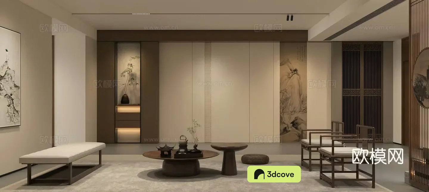 New Chinese style living room sofa Song’s living room coffee table combination Song’s Zen background wall Song’s wall painting wall