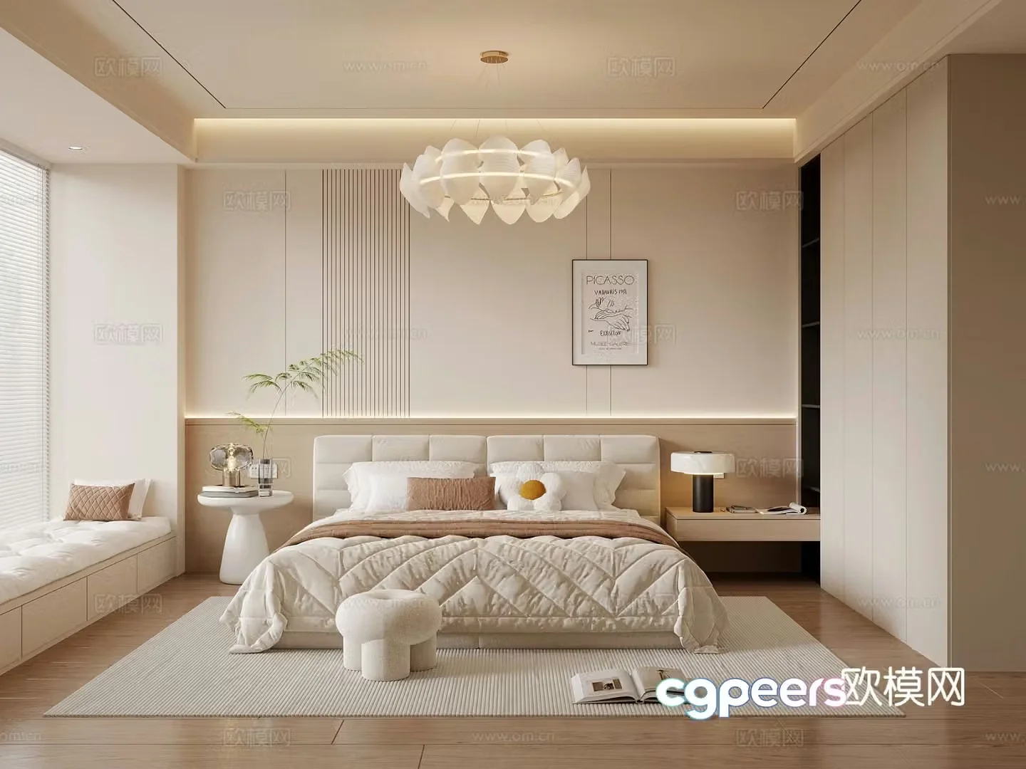 Creamy Bedroom Master Bedroom Double Bed Combination Chandelier 3D Model