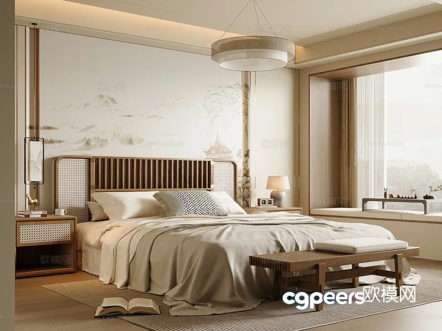 New Chinese style bedroom Song style solid wood double bed bed nightstand bed end stool Chinese style chandelier 3D model