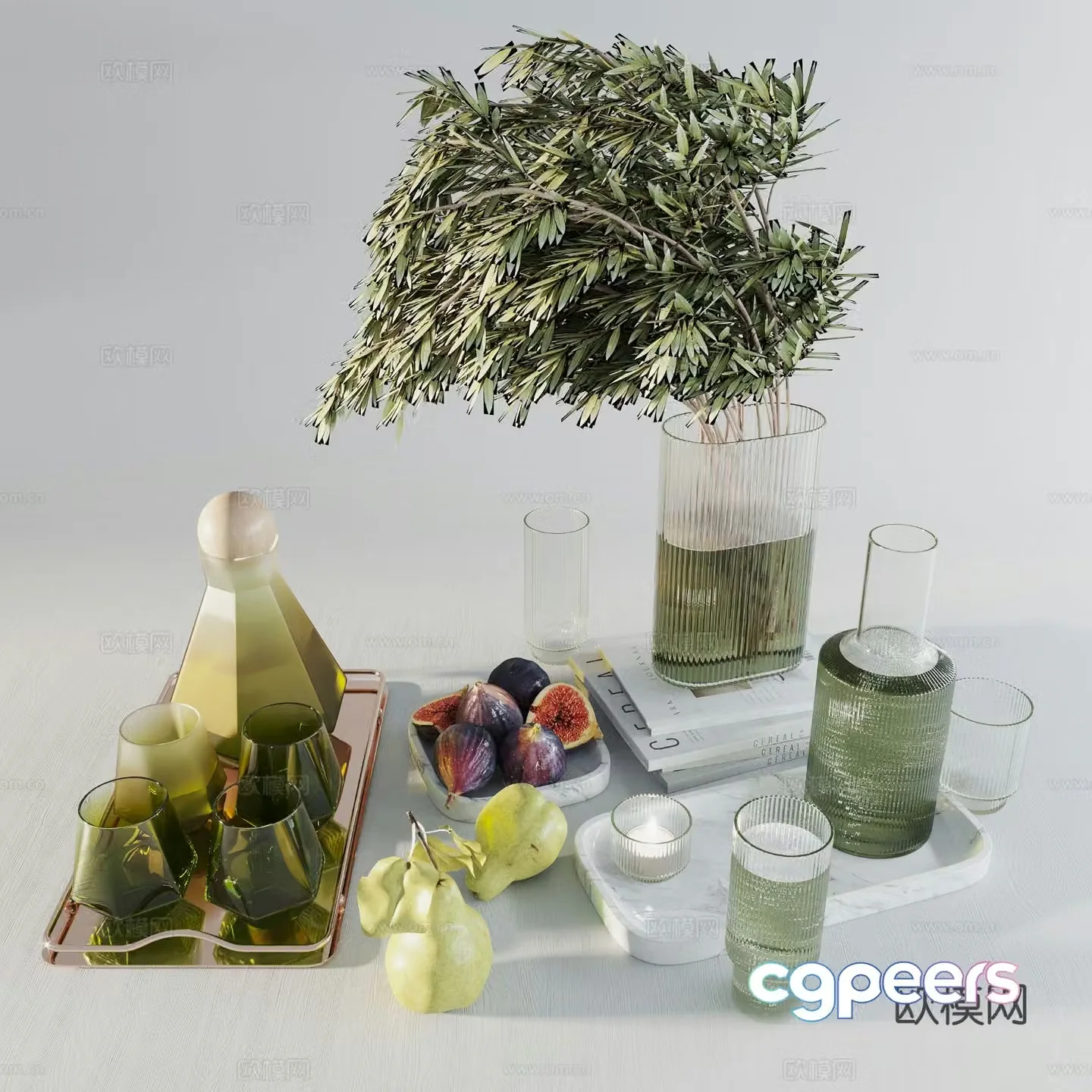 Modern glass vase green plants kettle cup tea tray 3D model