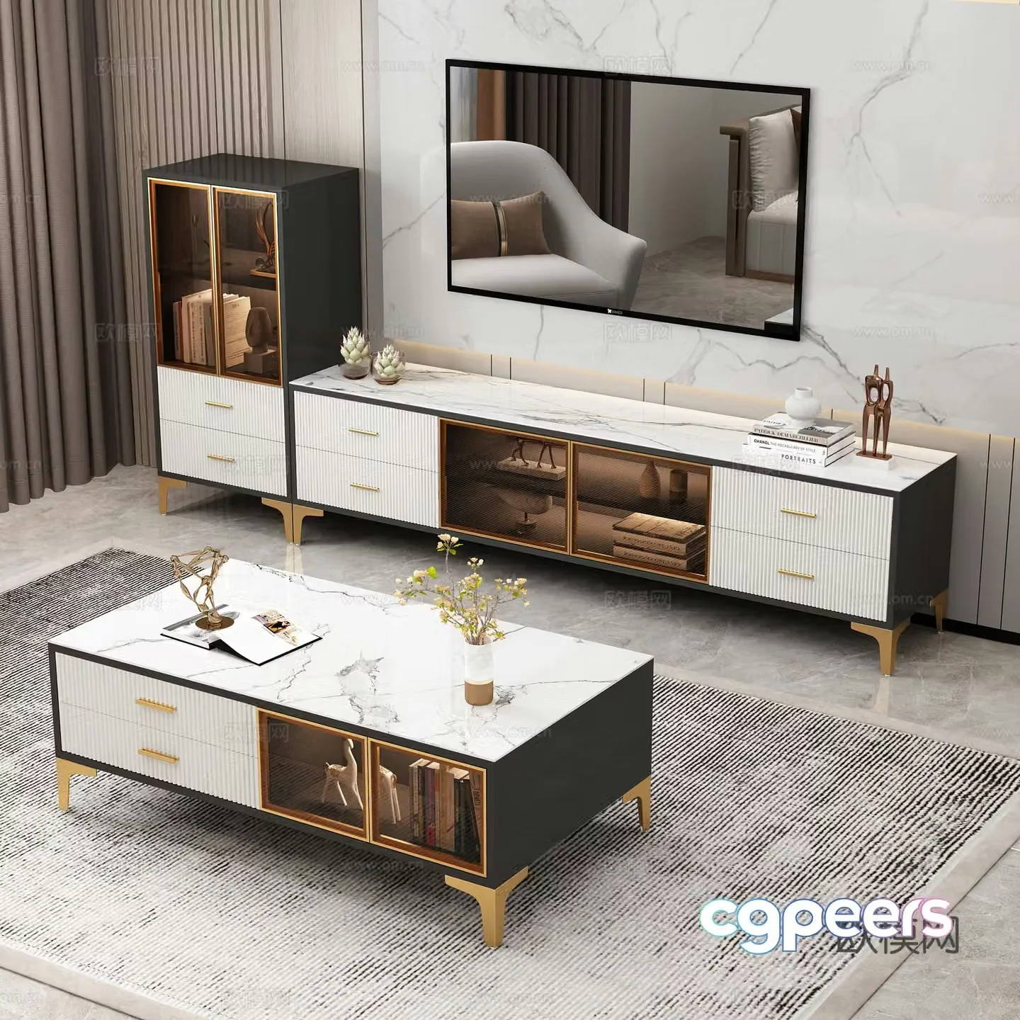 Light luxury TV cabinet coffee table combination 3D model