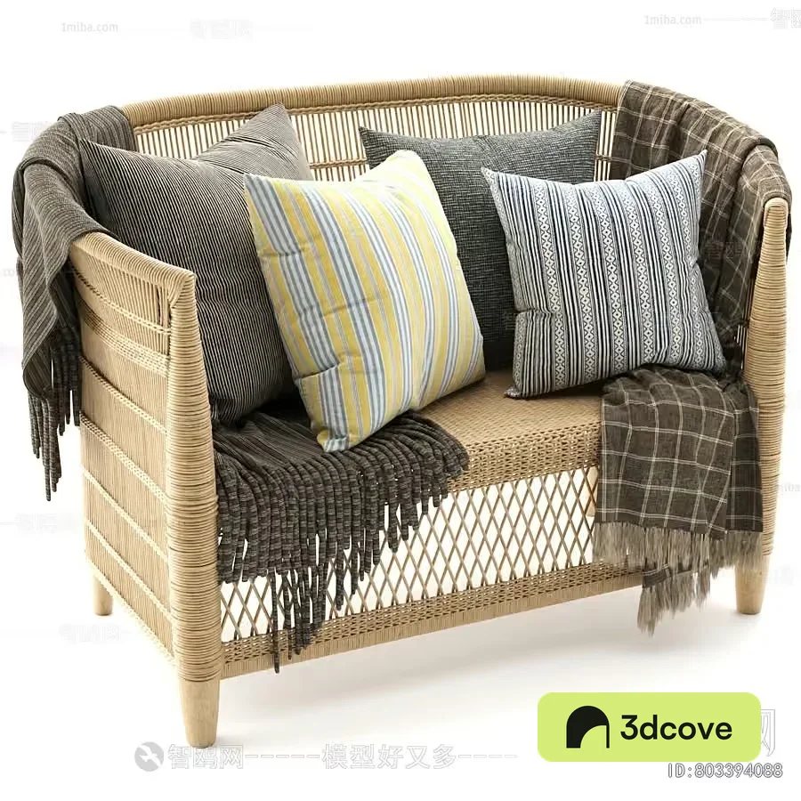 A Wicker Loveseat With Throw Pillows