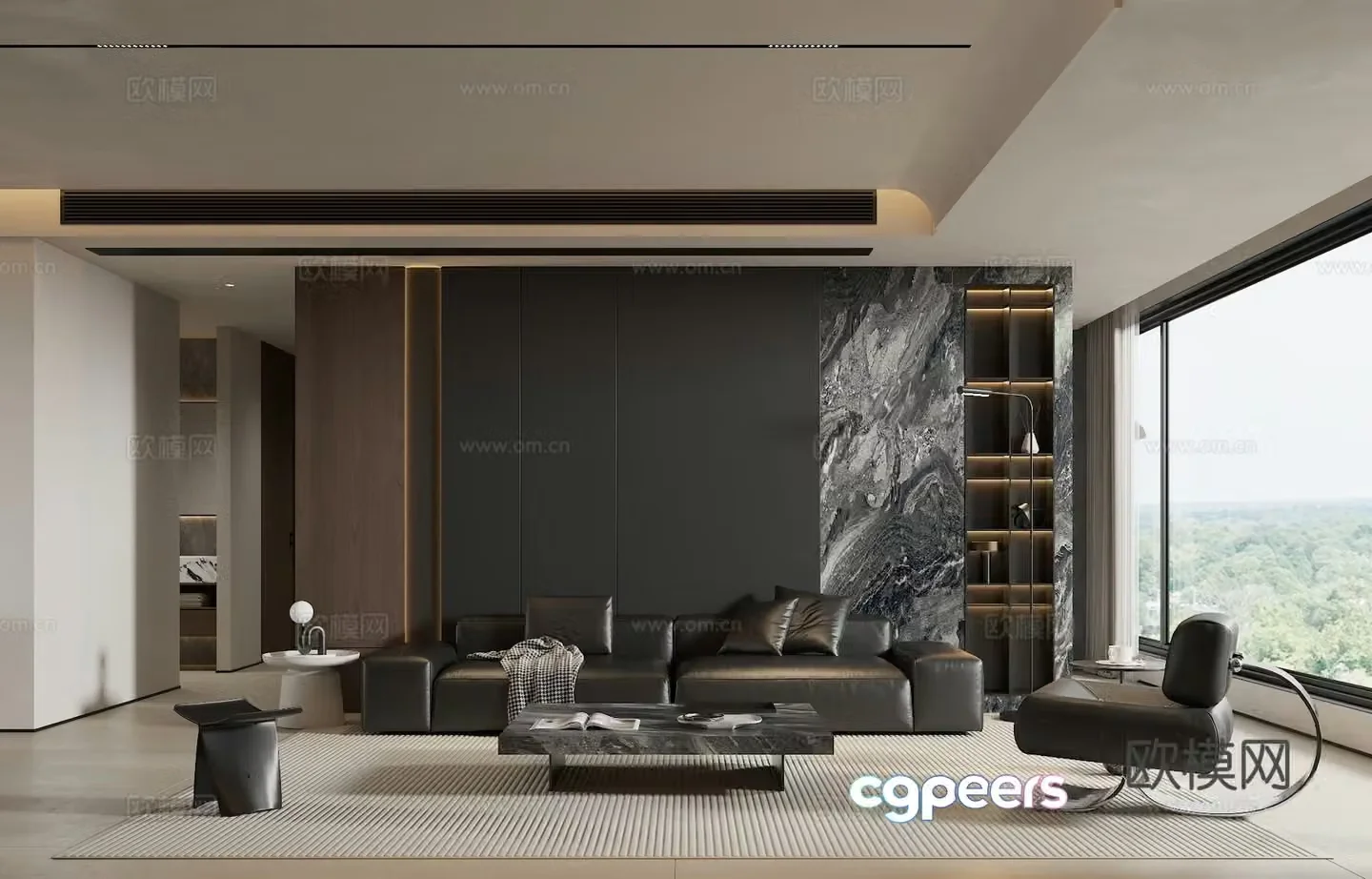 Modern black white and gray living room 3d model