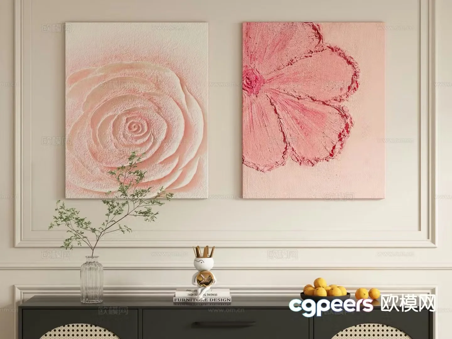 Cream style rose hanging painting decorative painting oil painting 3d model