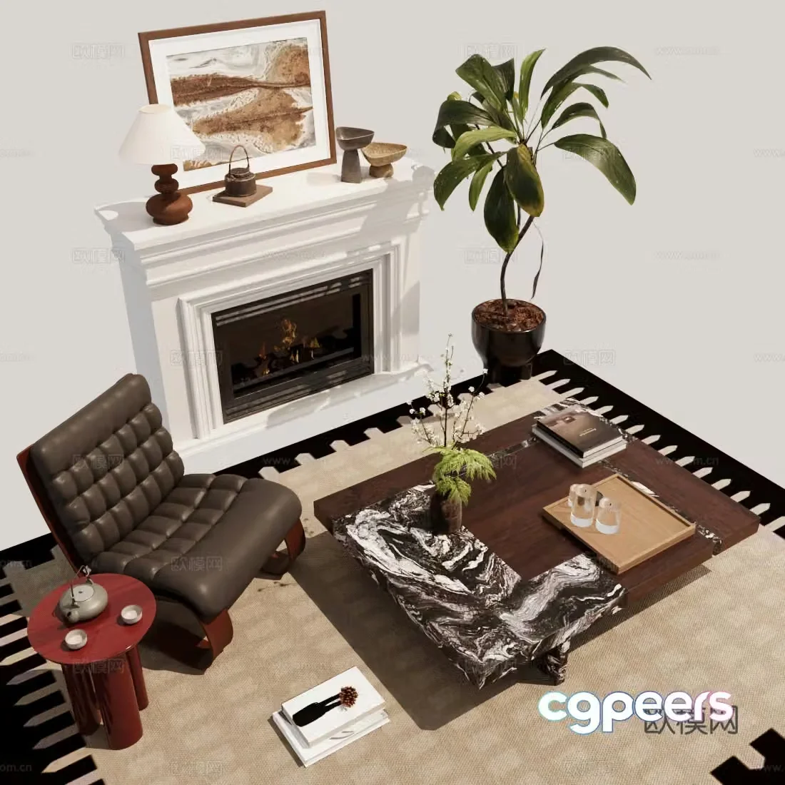 Middle style leisure chair fireplace 3d model