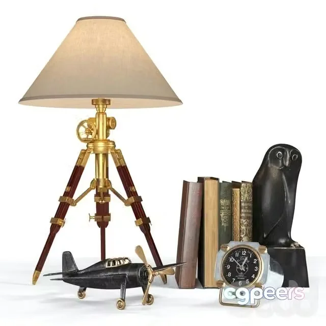 3ds Max Free – Decorative set (lamp, books, plane, owl)
