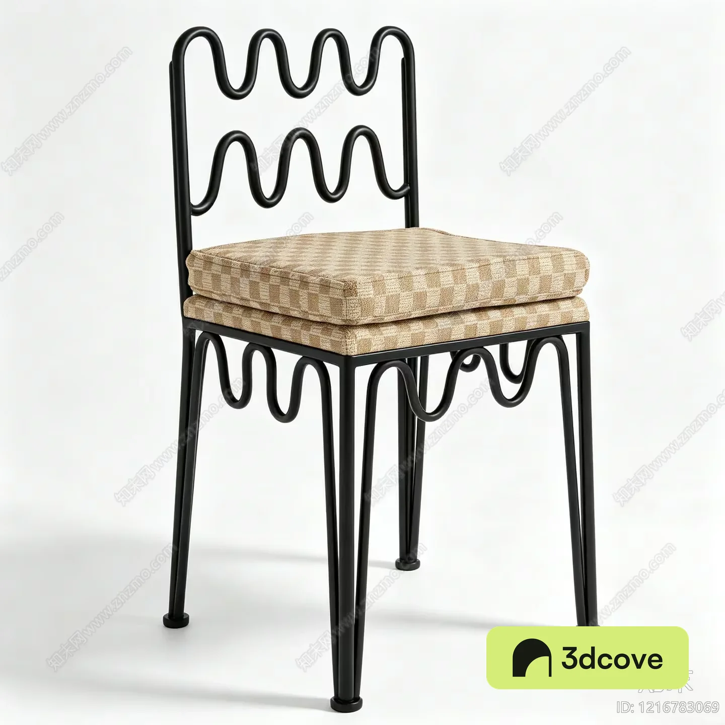 A Black Metal Chair With A Tan And White Checkered Cushion