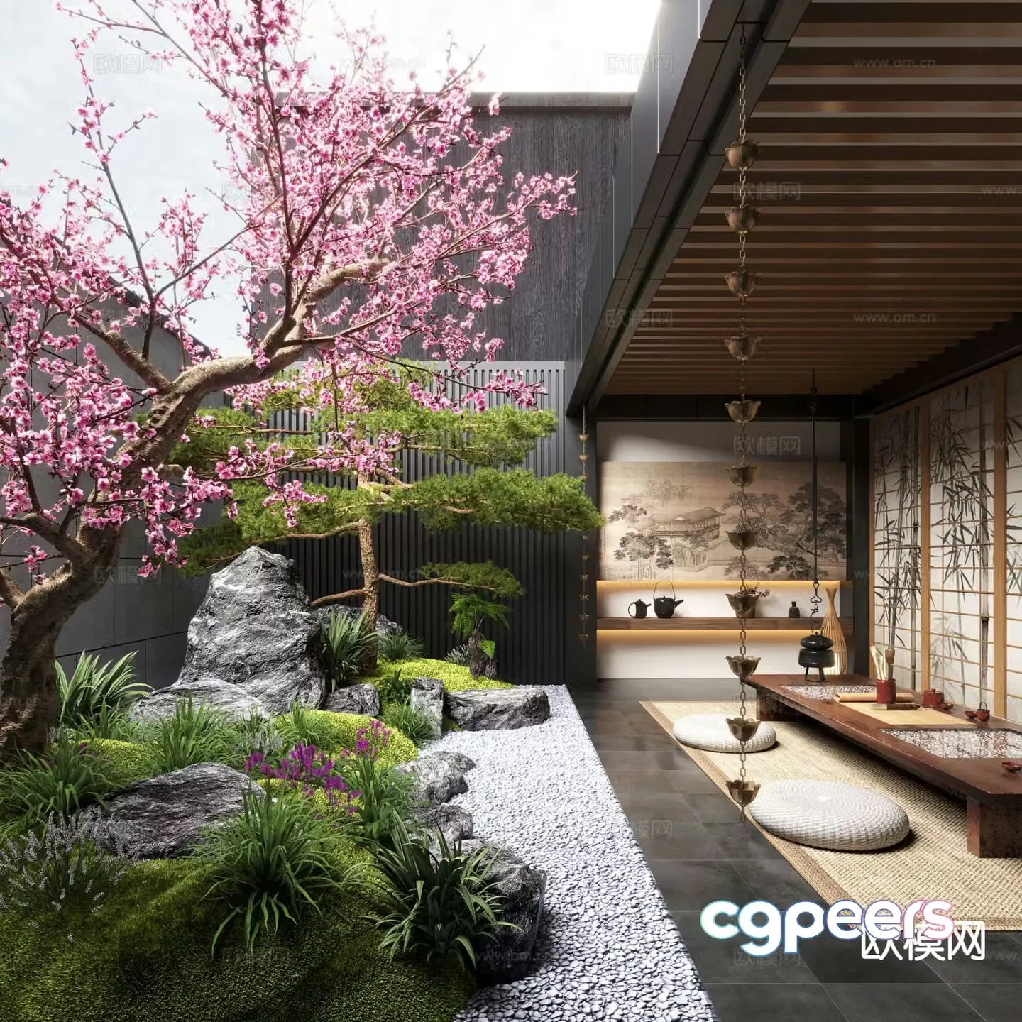 New Chinese Zen Patio Courtyard Landscape Peach Blossom 3D Model
