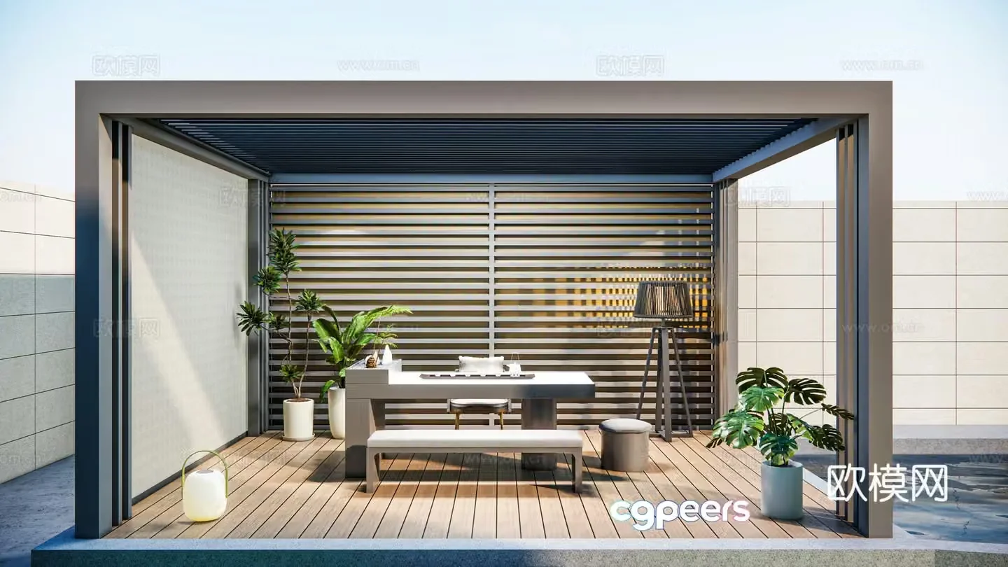 Modern electric sunroom tea table and chair aluminum alloy tea table floor-standing aura light combination 3D model