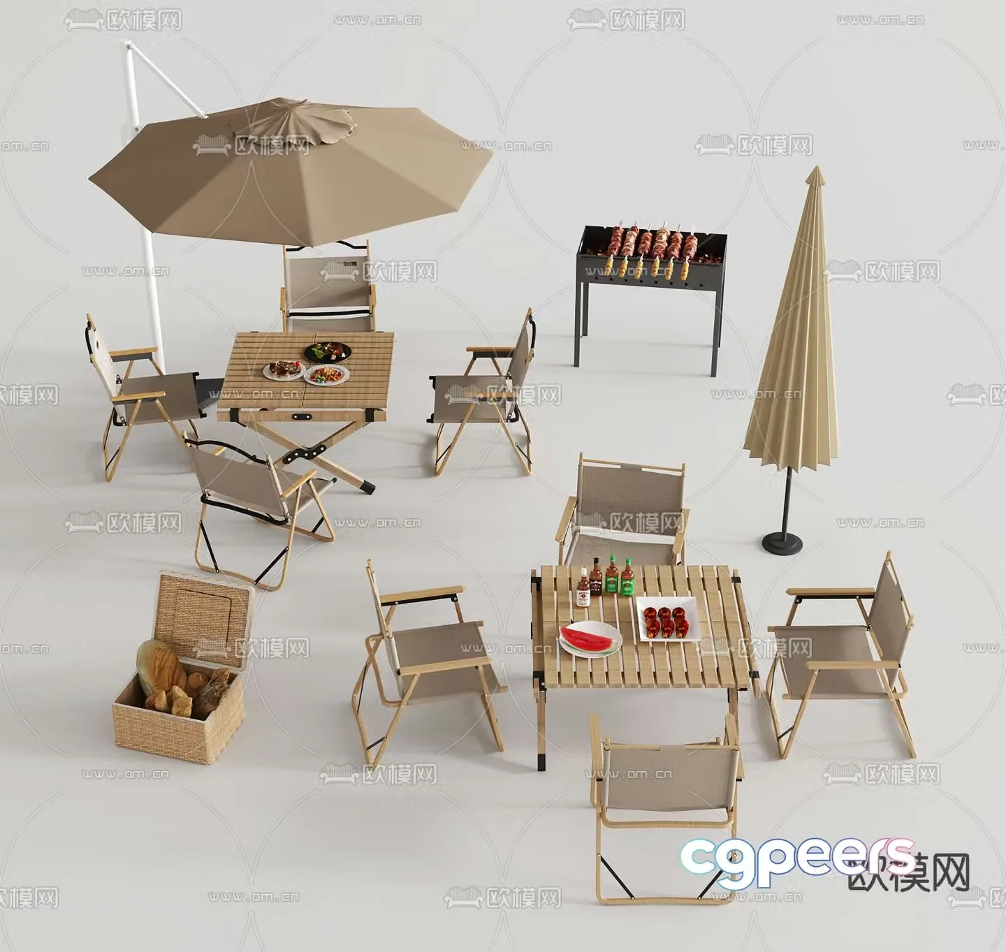 Outdoor tables and chairs parasols barbecue table 3D model