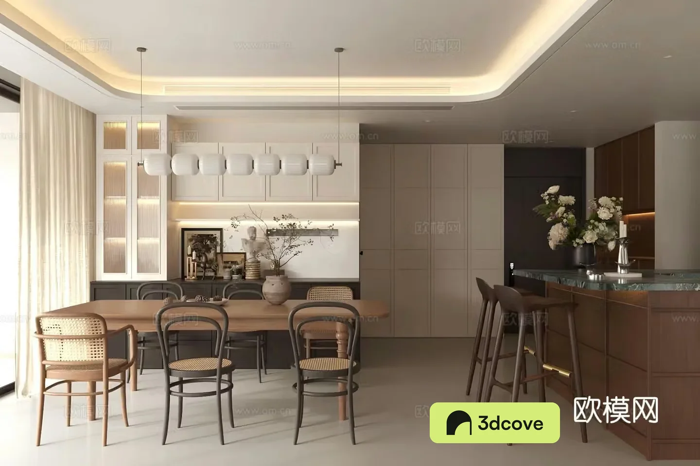 Middle-aged home restaurant French retro restaurant Island restaurant Long table restaurant Dining table chair 3D model