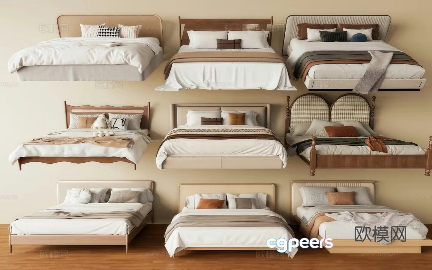 Middle style double bed wooden bed leather bed cloth bed 3d model