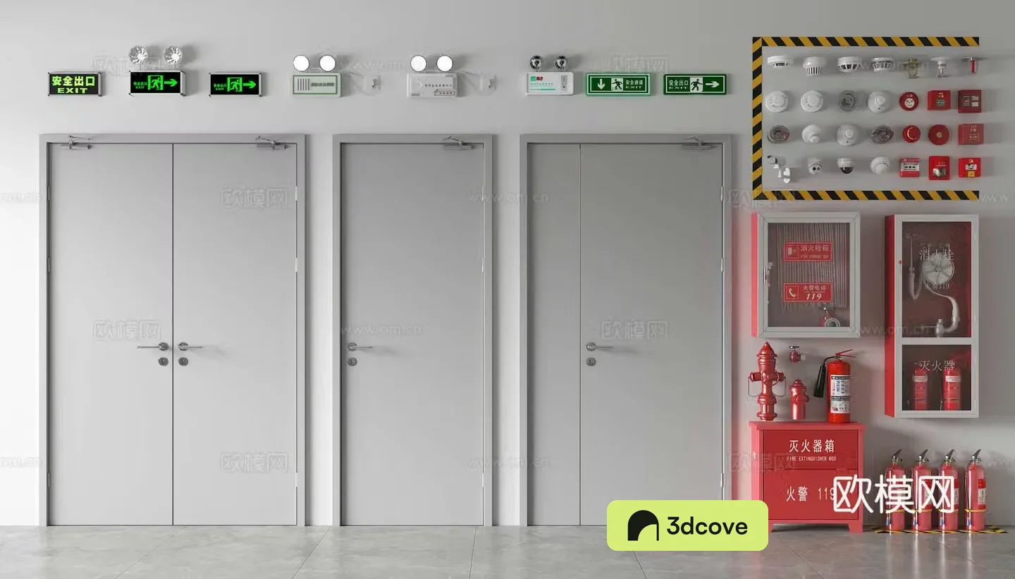 Modern fire door Safety door Fire hydrant Fire extinguisher Safety exit Firefighter
