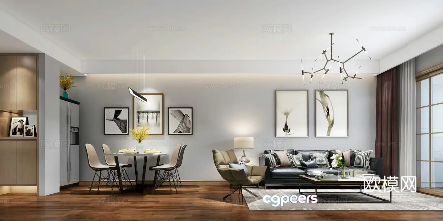 Modern style living and dining room sofa coffee table dining table chair chandeliers cabinets 3d model
