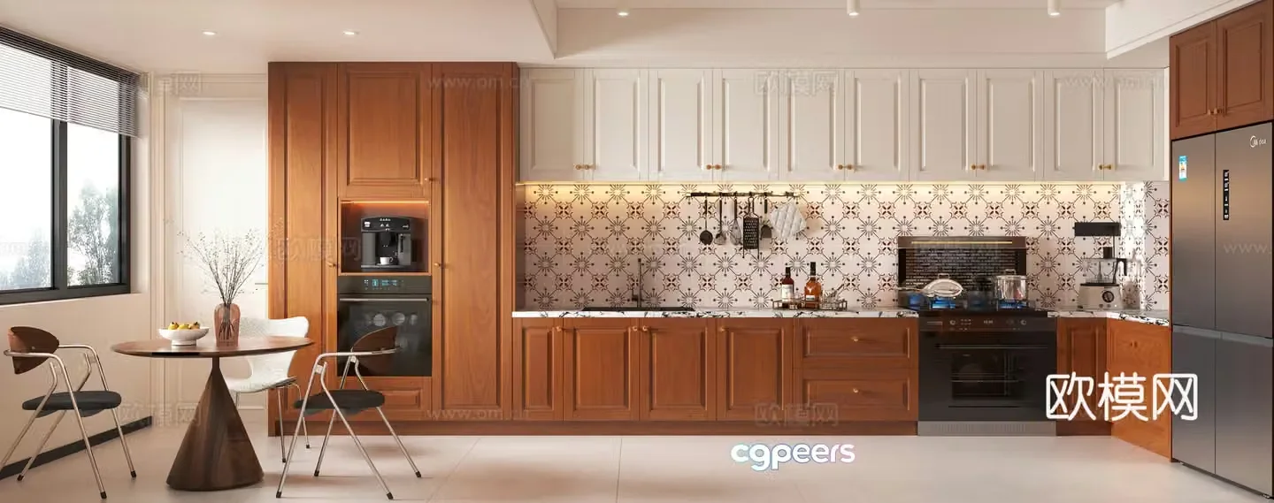 French medieval style kitchen European mahogany kitchen retro cherry wood kitchen cream style ancient kitchen 3d model