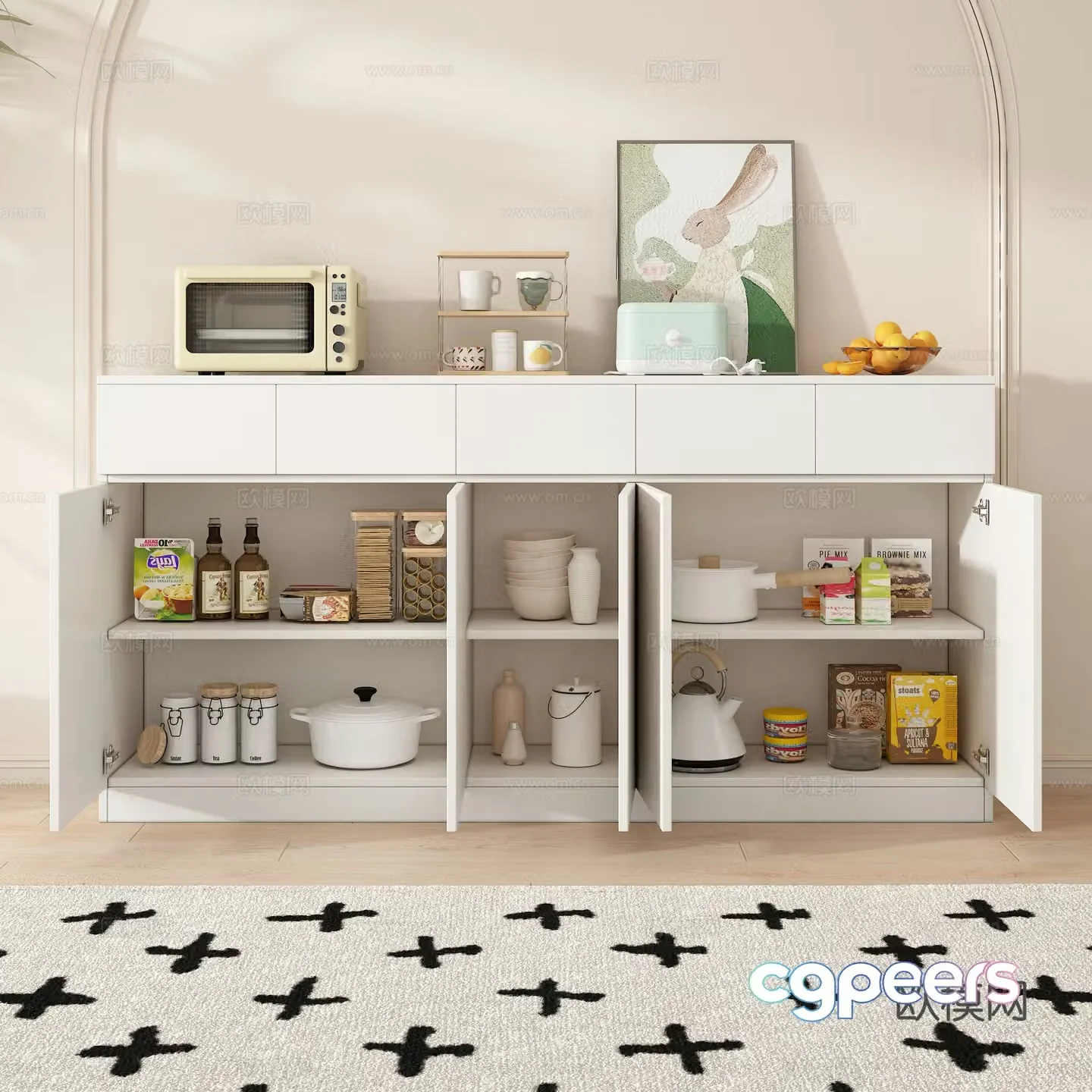 Sideboard Kitchen Supplies Microwave Fruit Water Cup Decorative Painting Pots and Pans Carpet 3D Model