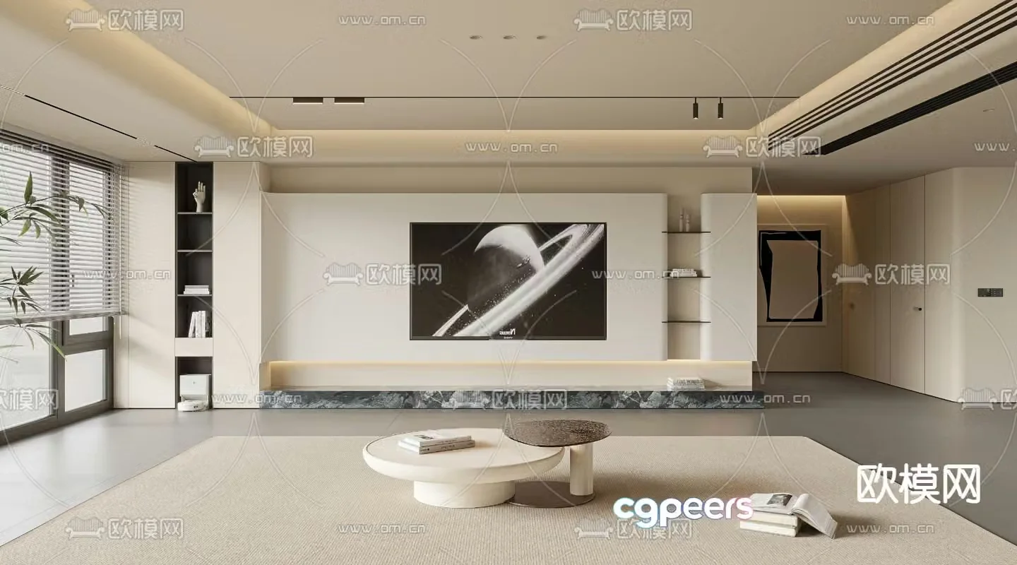 Creamy TV background wall 3d model