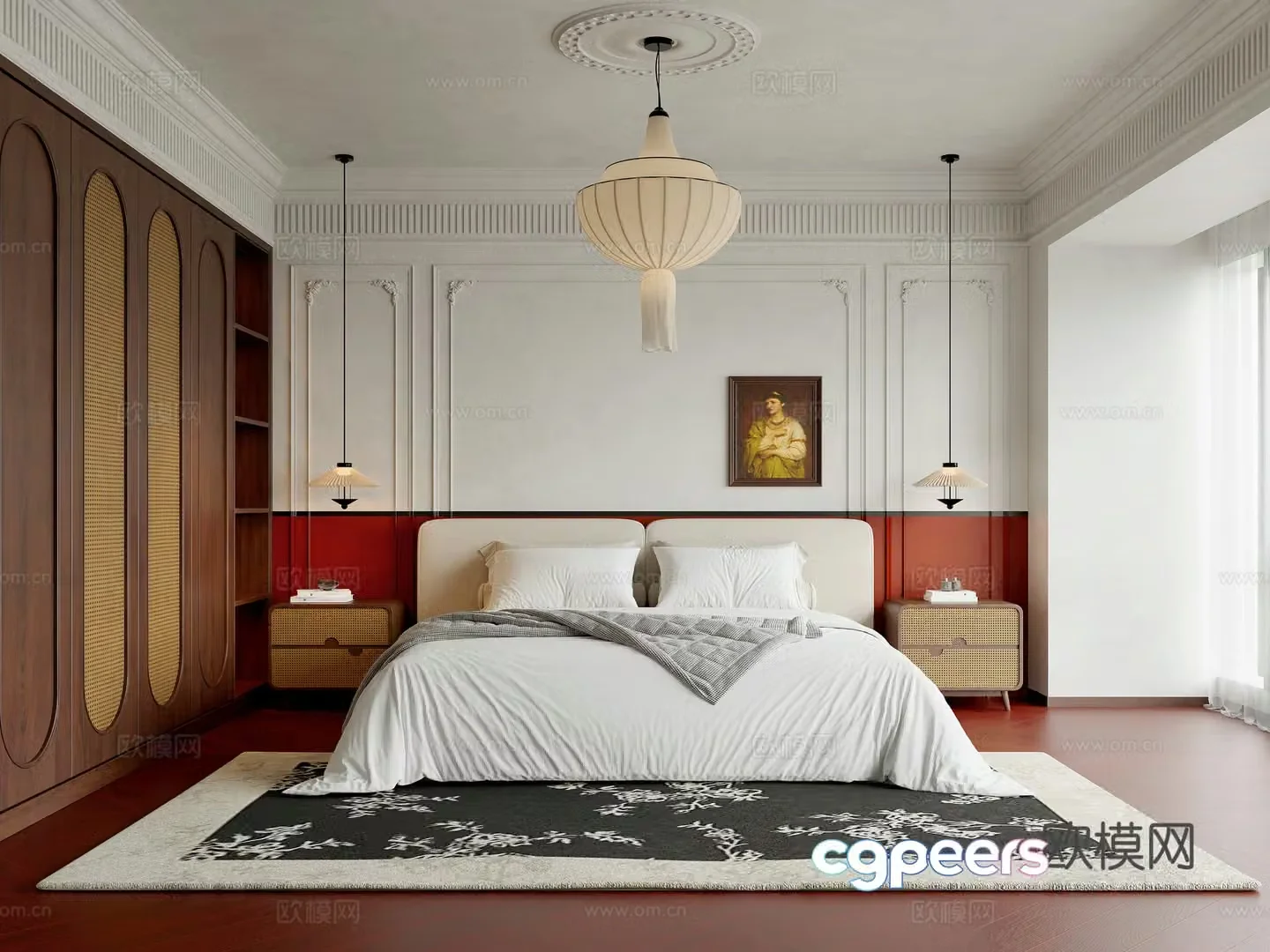 French medieval home bedroom modern light French bedroom bedside chandelier rattan bedside table 3D model