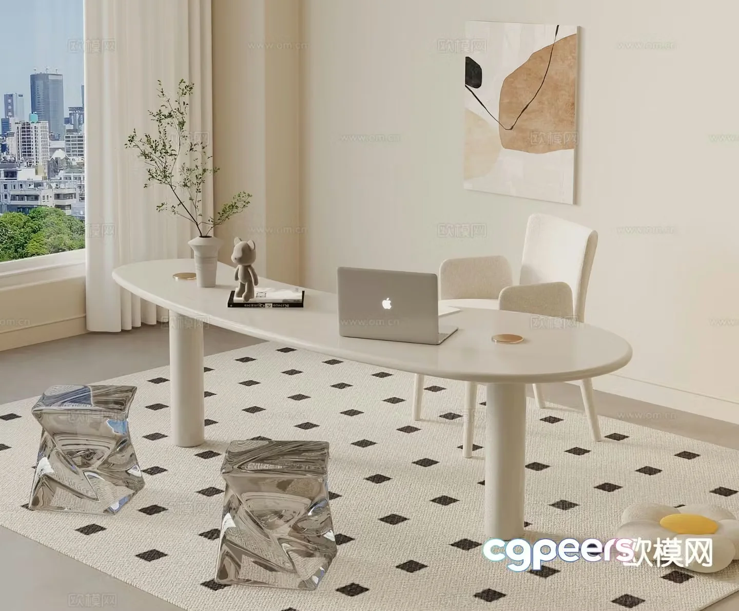 Cream style desk writing desk computer desk 3d model