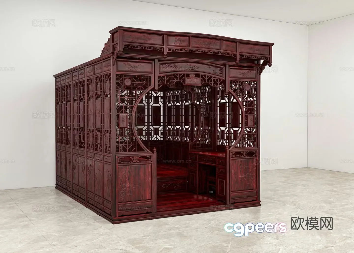 Chinese style thousand-work step-drawing bed shelf bed study table tatami carved shape solid wood mahogany 3D model
