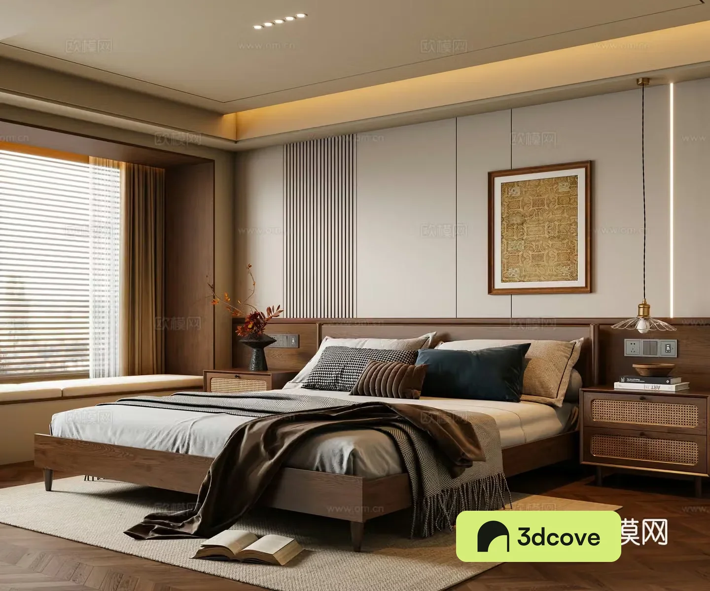 Middle-aged bedroom solid wood double bed nightstand chandeliers hanging paintings carpet 3D model