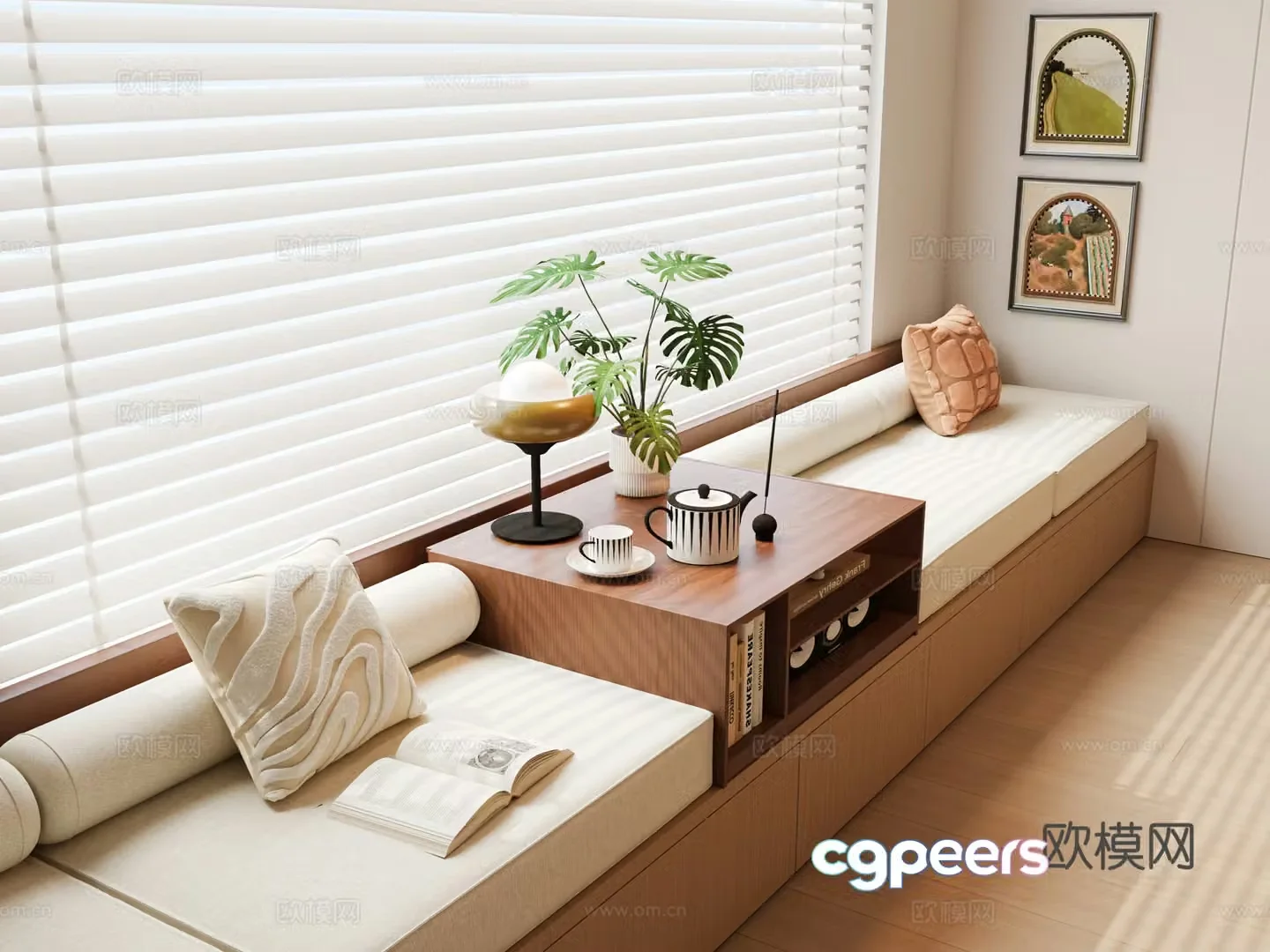 Modern medieval bay window cabinet Bathroom cushion Medium style cushion Cushion Venetian blinds Curtain 3D model