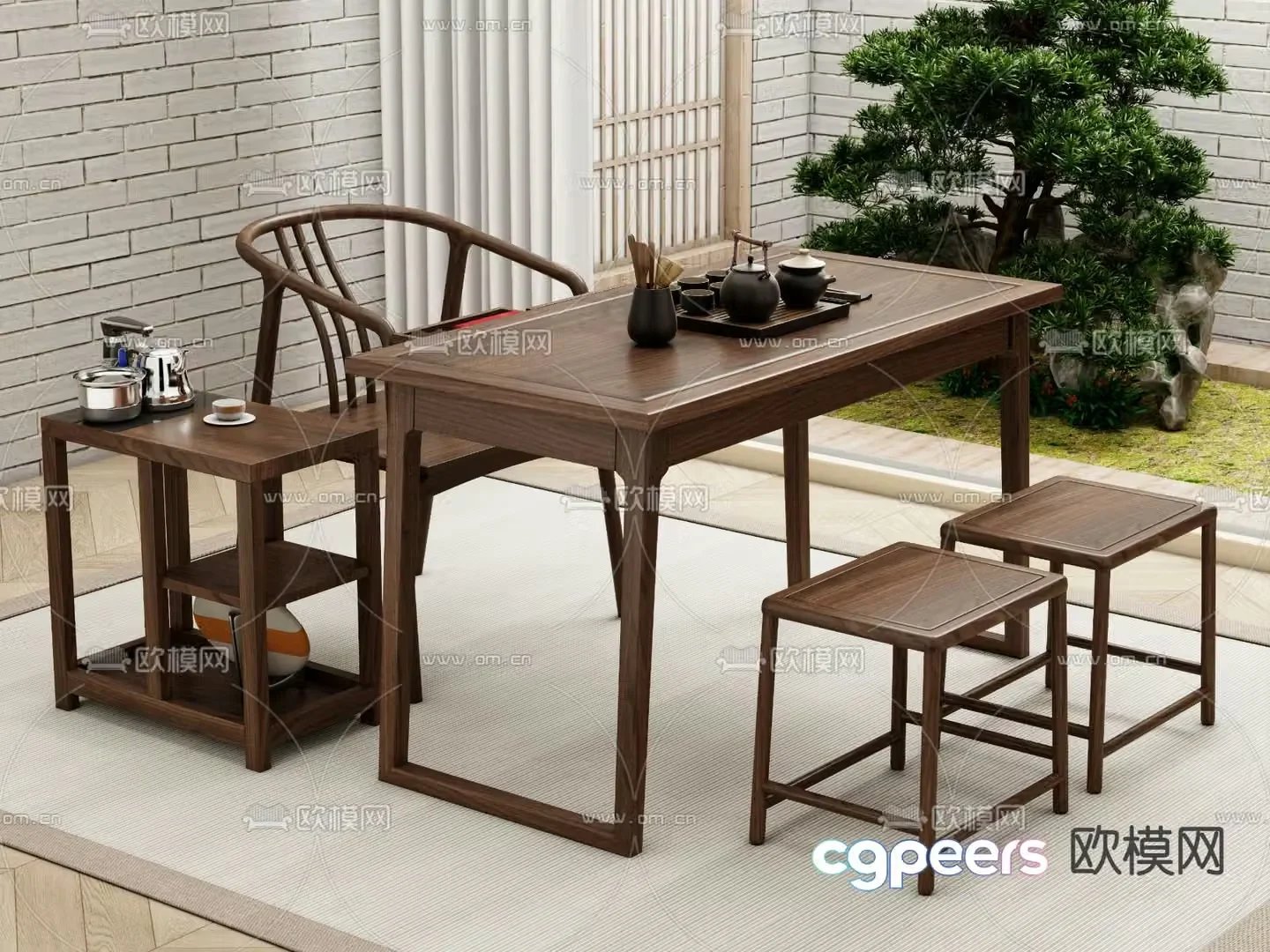 New Chinese style tea table and chairs tea table 3d model