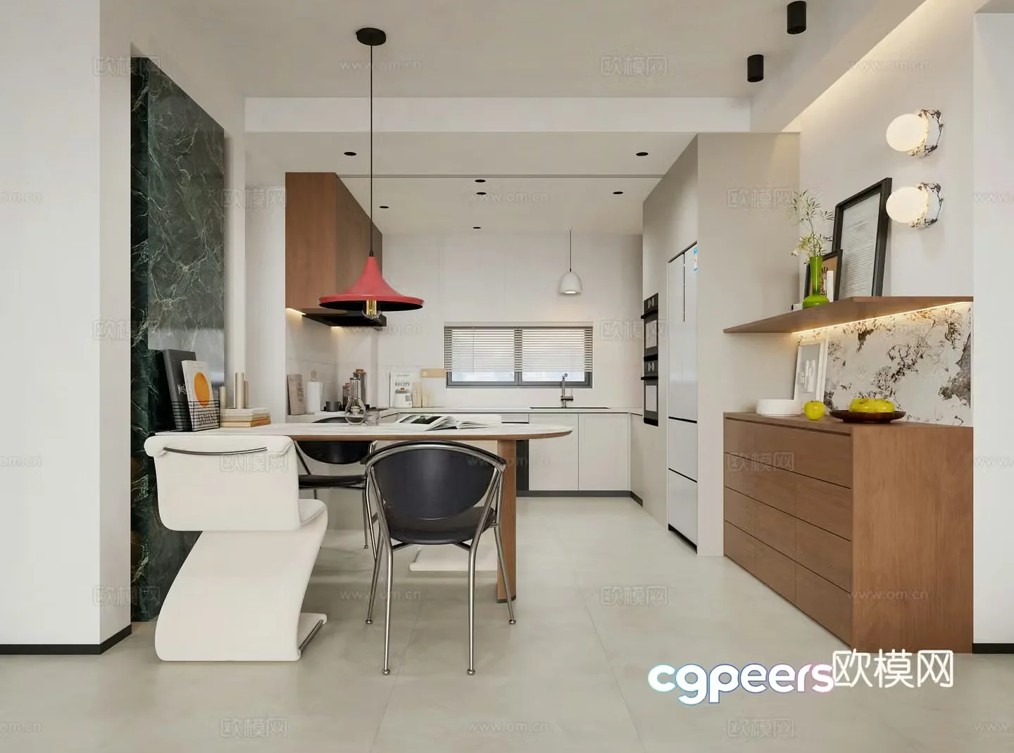 Modern restaurant Open kitchen Western kitchen Dining table Light luxury restaurant Simple chandelier Apartment 3d model