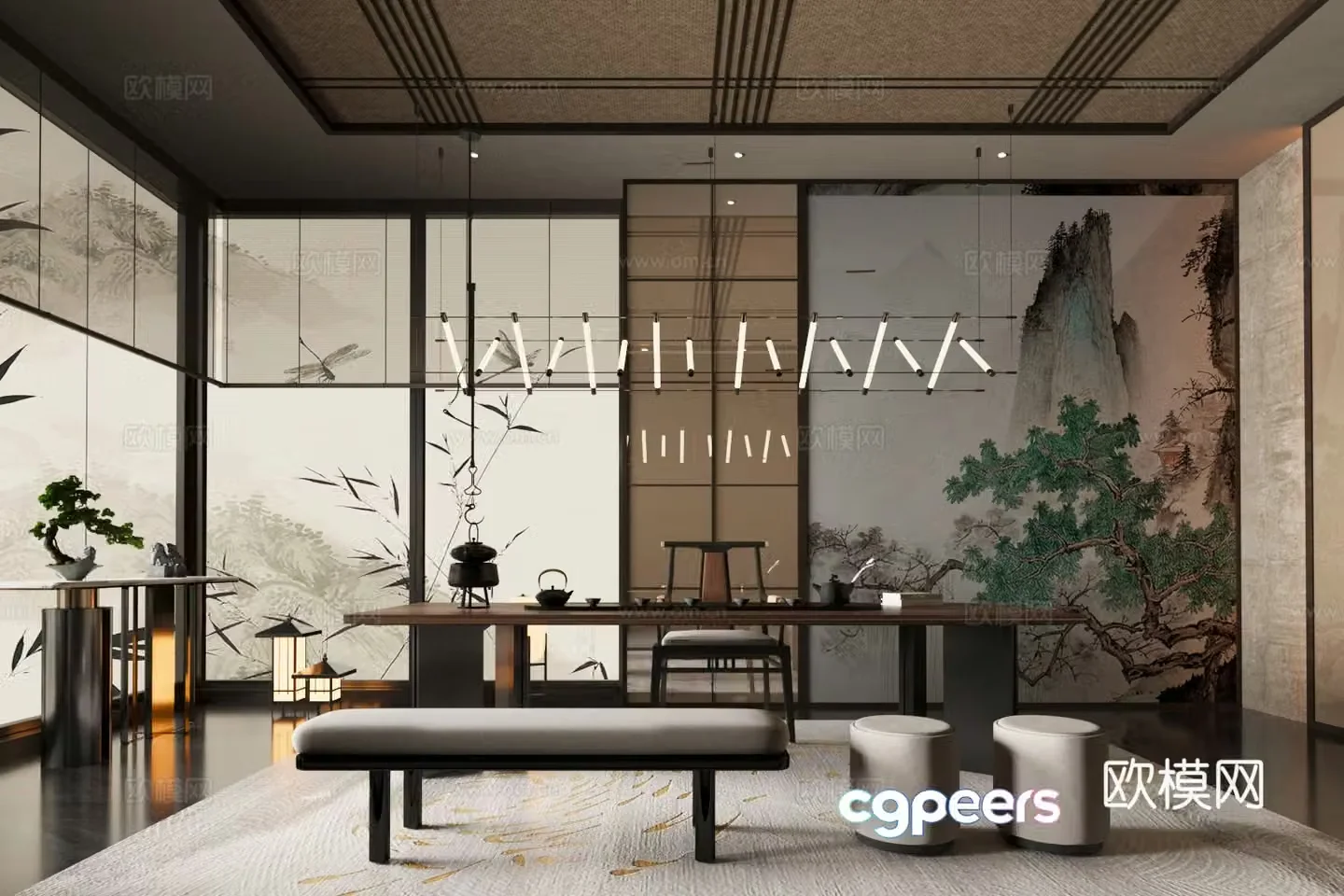 New Chinese-style tea room tea table and chair combination club tea room new Chinese-style screen 3D model