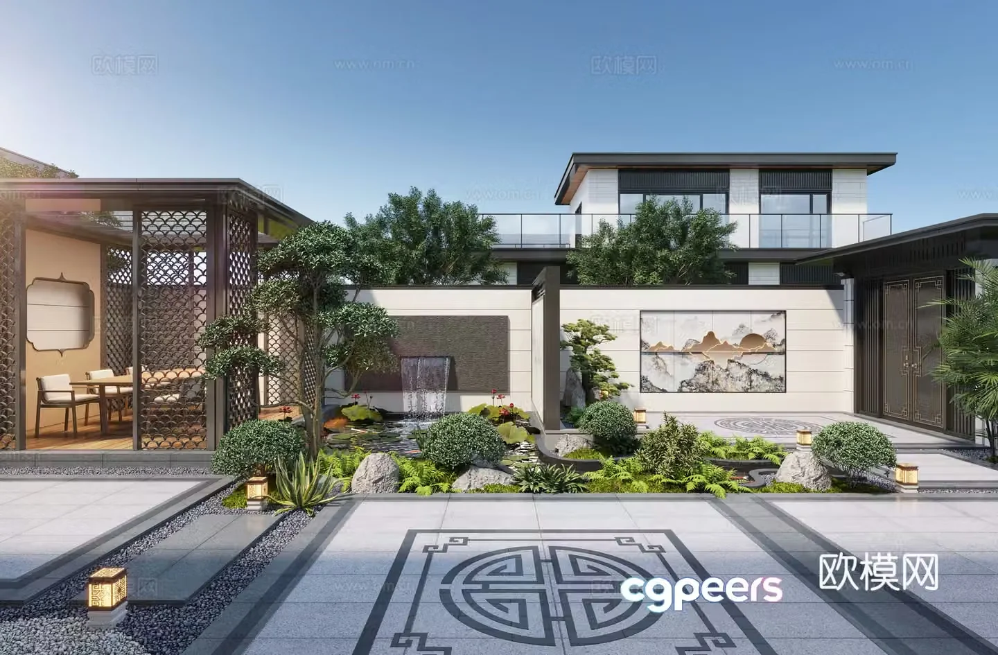 New Chinese style courtyard landscape family courtyard landscape sketch pavilion rockery waterscape landscape wall 3D model
