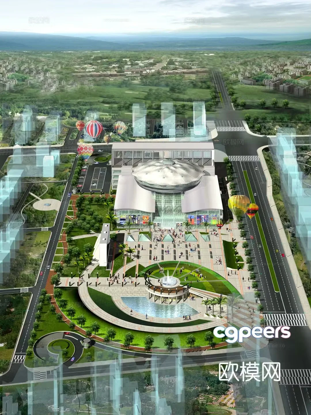 Multi-story public building commercial plaza aerial view 3d model