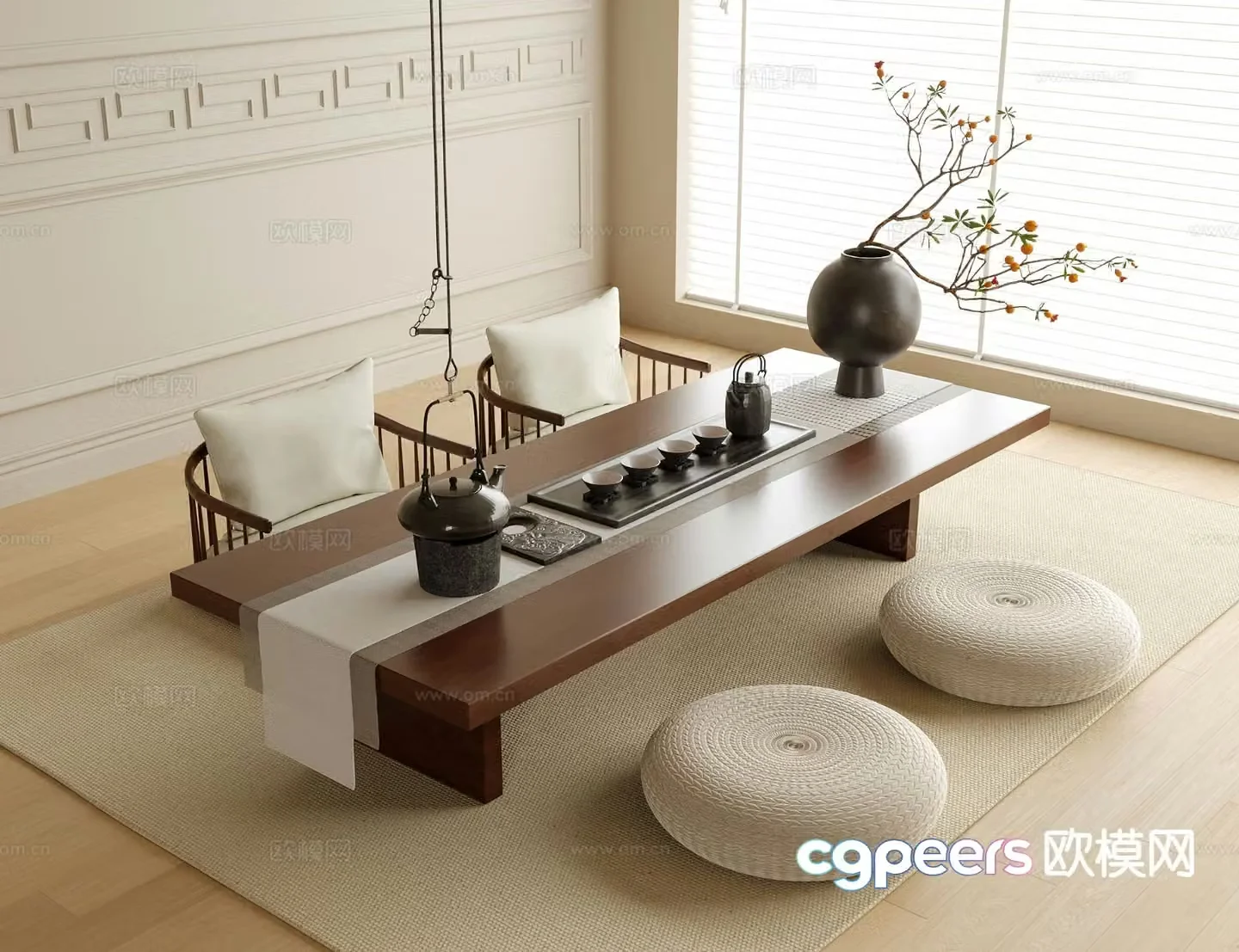 New Chinese style tatami tea table and chairs tea set 3d model