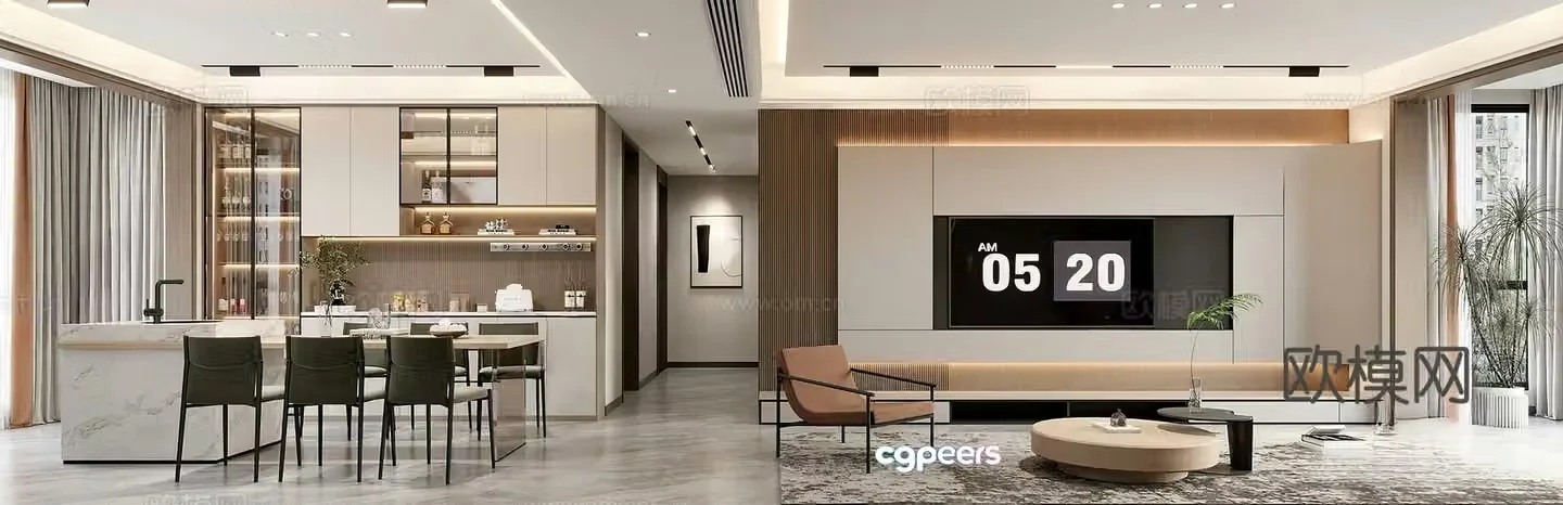 Modern living room TV background wall Modern living dining room Light luxury leisure chair Italian wine cabinet 3d model