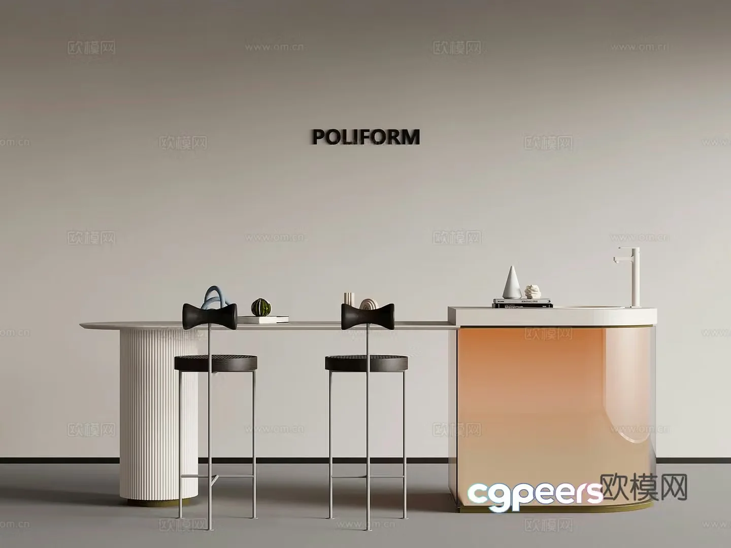 Modern simple bar island dining table and chair 3D model