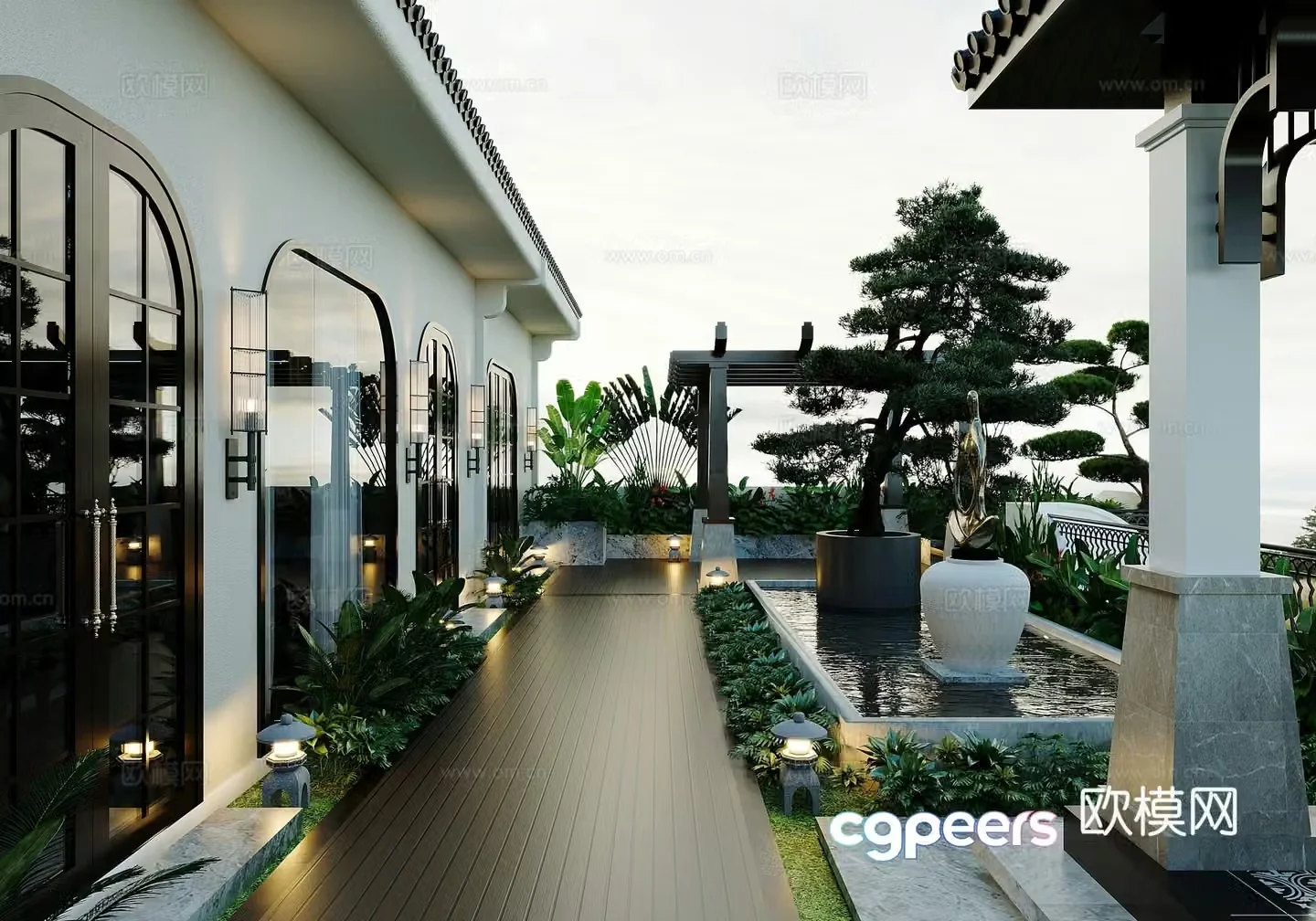 Chinese style courtyard roof garden loft outdoor landscape 3d model