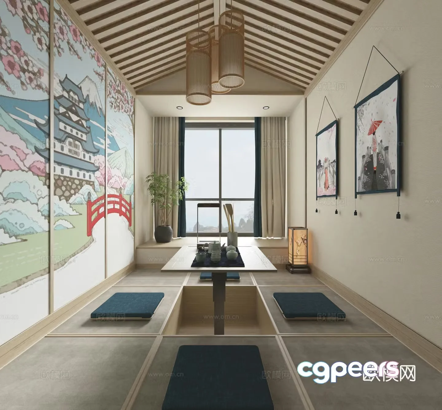 Japanese new Chinese tatami Japanese tatami room Chinese tea room tea set hanging flag tatami 3D model